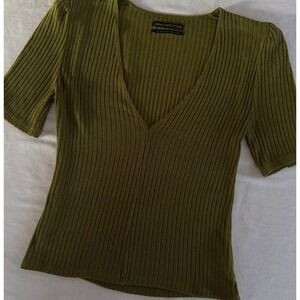 URBAN OUTFITTERS Ribbed V Neck Short Sleeve Top Olive Green Womens Large 90s Y2K